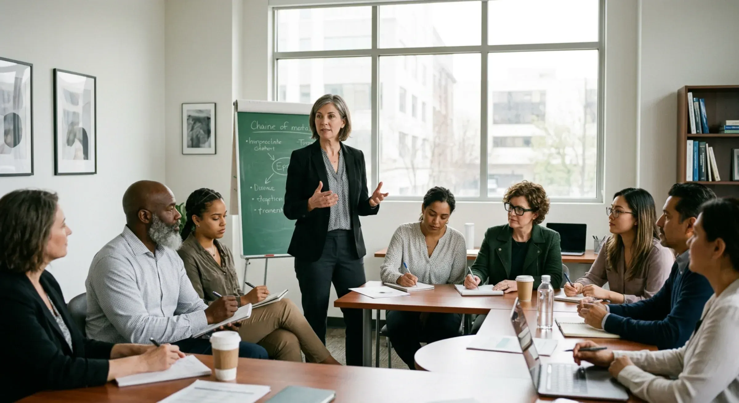 Trainer staat voor diverse groep professionals in trainingsruimte