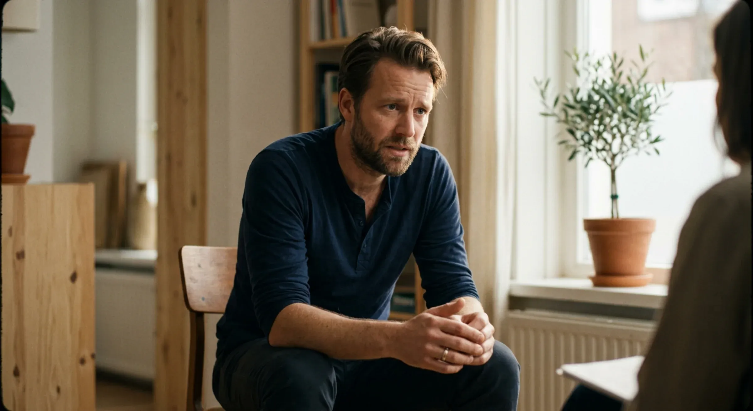 Vader zit voorovergebogen in therapiesessie, kwetsbaar en betrokken