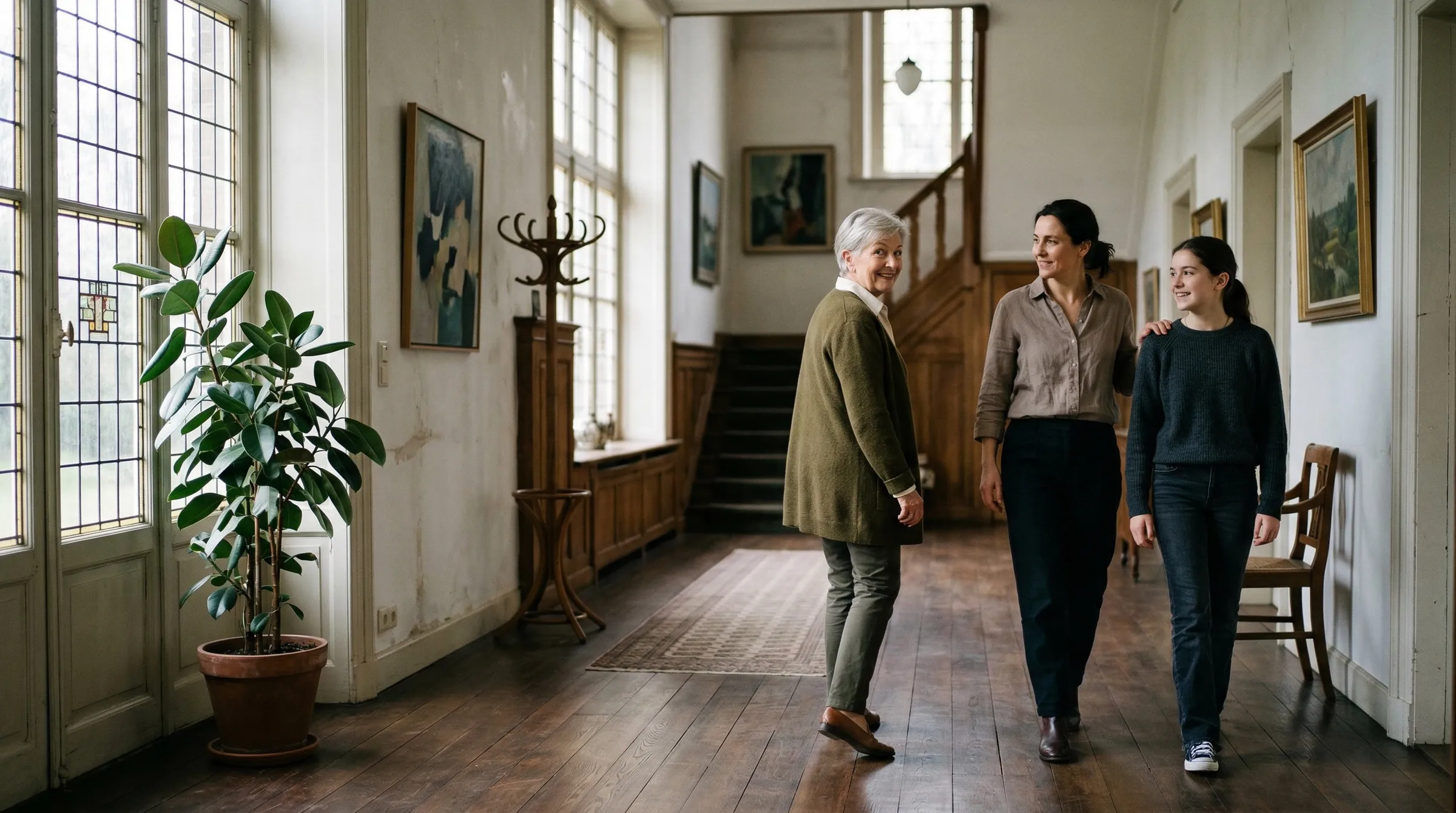 Drie generaties lopen samen door hal van herbestemde villa, ochtendlicht