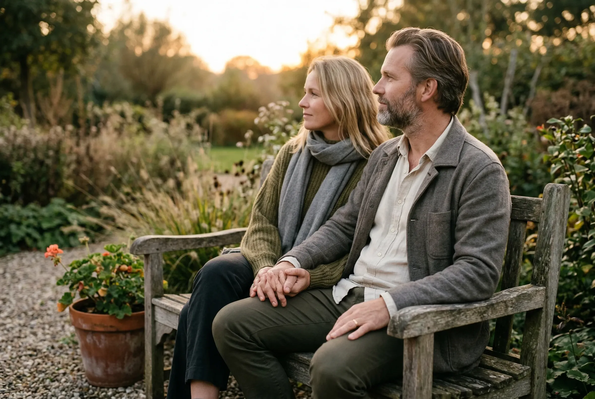 Koppel zit hand in hand op houten tuinbankje