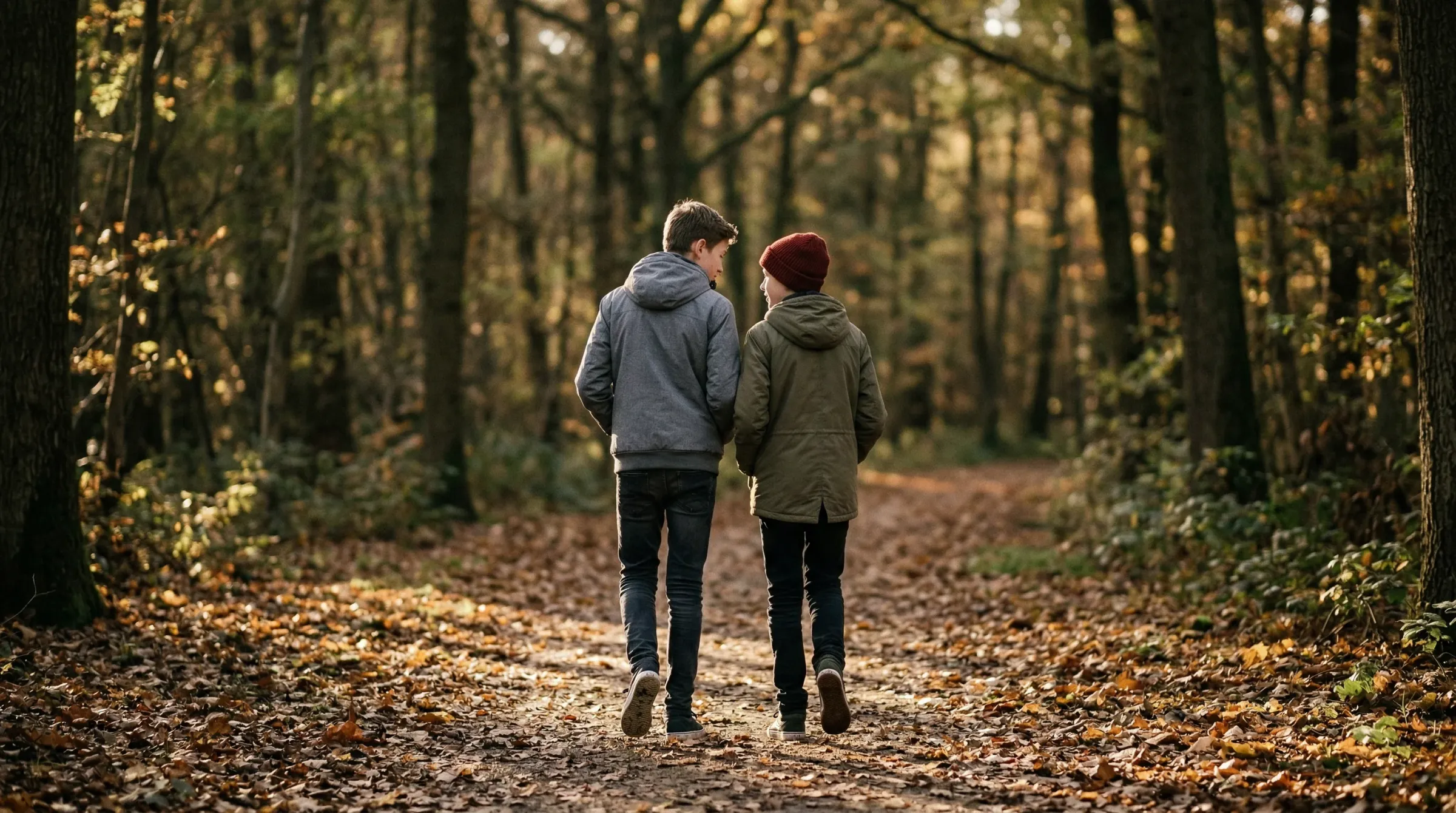 Twee tieners wandelen samen over herfstbospad
