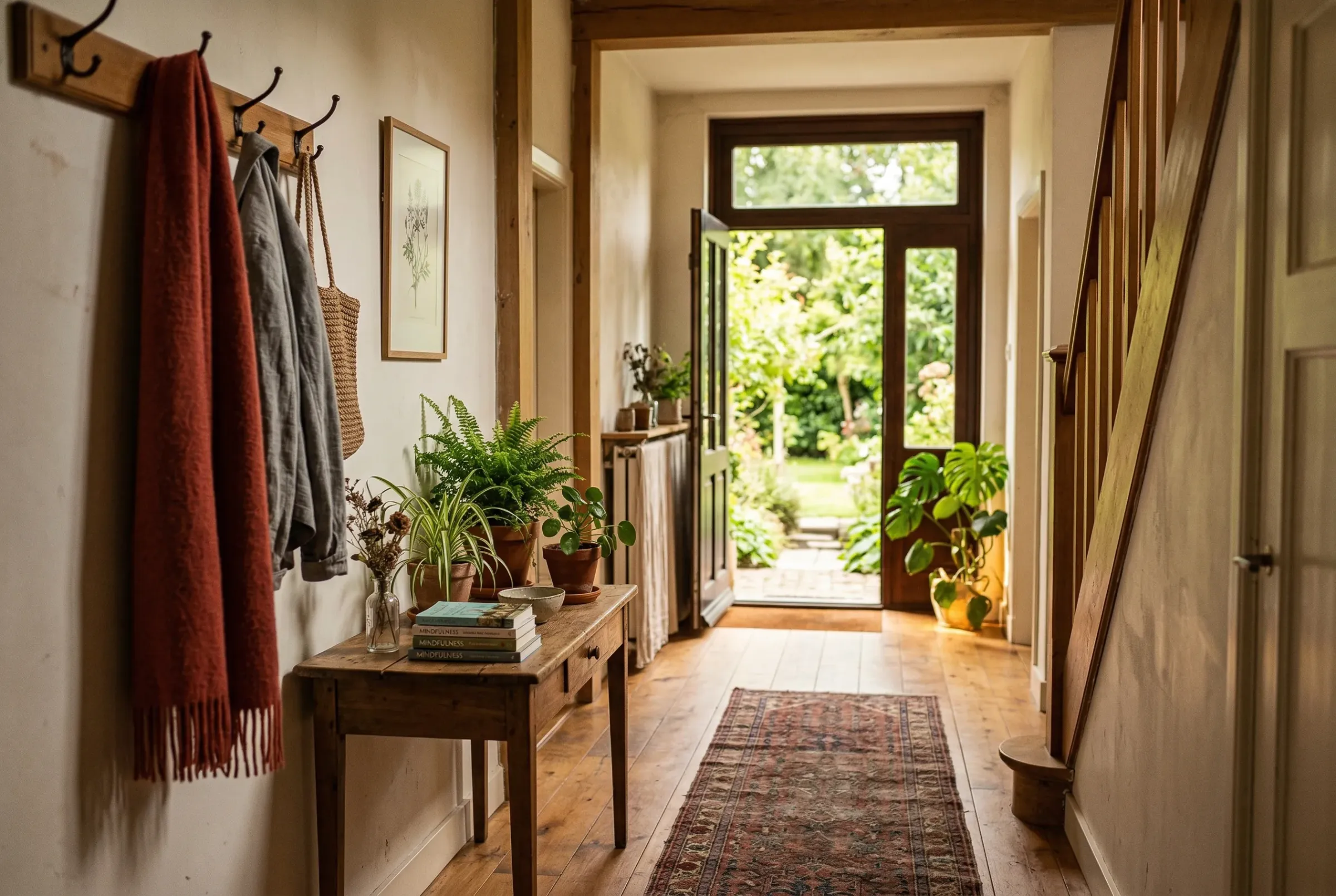 Warme hal van villa met uitzicht op groene tuin